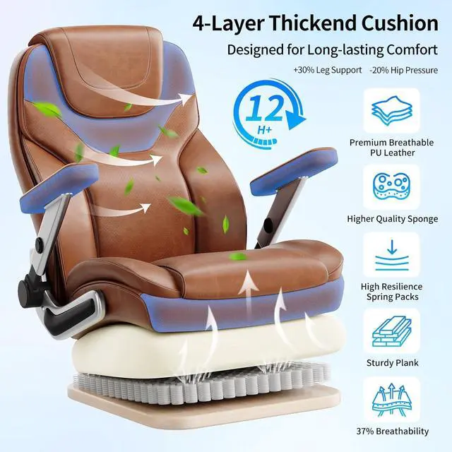 Alt view image 6 of 7 - Big and Tall Office Chair with 5D Arms, Fabric & PU Leather Heavy Duty Desk Chair, Adjustable Lumbar Support & Height, Tilt Function, High Back Ergonomic Executive Computer Chair