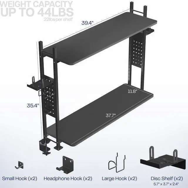 Alt view image 3 of 7 - Clamp-on 40 inch 2-Tier Shelving Unit with Pegboard for Table Accessories, Gaming Devices, and More, Desktop Organizer, Black, DESK-SHELF40G