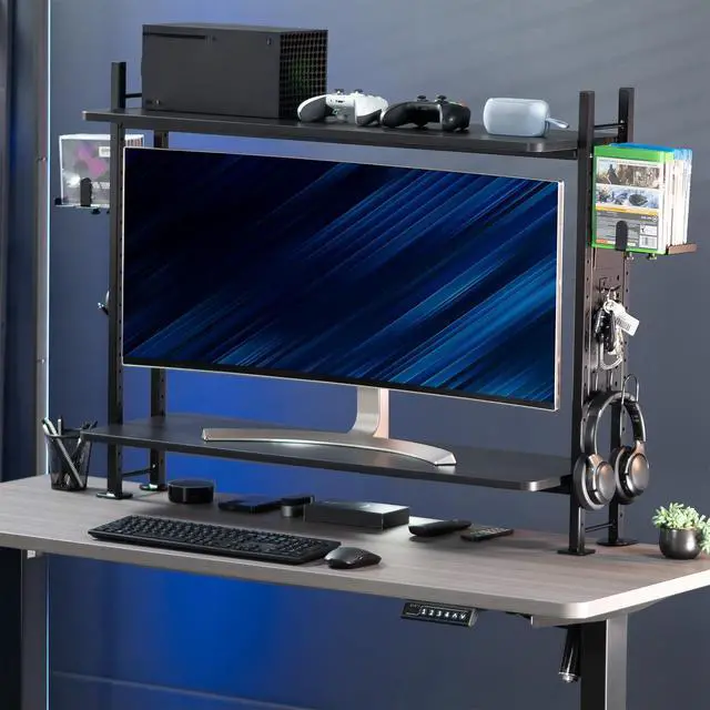 Alt view image 2 of 7 - Clamp-on 40 inch 2-Tier Shelving Unit with Pegboard for Table Accessories, Gaming Devices, and More, Desktop Organizer, Black, DESK-SHELF40G