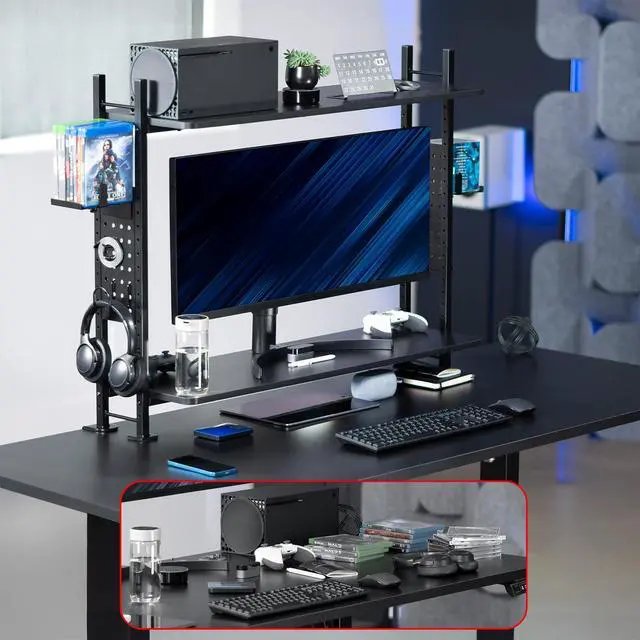 Alt view image 7 of 7 - Clamp-on 40 inch 2-Tier Shelving Unit with Pegboard for Table Accessories, Gaming Devices, and More, Desktop Organizer, Black, DESK-SHELF40G