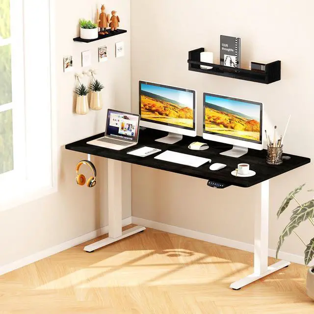 Alt view image 2 of 7 - Universal Wood Table Top, 55 x 28 inch Solid One-Piece Desk top for Standard & Sit to Stand Height Adjustable Home Office Desk Frame, Rectangular Countertop Tabletop with 2 Cable Holes, Black