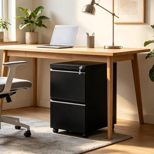Alt view image 2 of 7 - 2 Drawer Rolling File Cabinet Fully Assembled, Black | 17"D x 15"W x 26"H, Metal Under Desk Storage, Filing Cabinet with Lock & Wheels, Fit Letter/Legal/A4, For Home Office