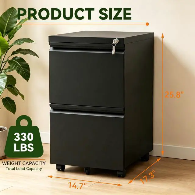 Alt view image 3 of 7 - 2 Drawer Rolling File Cabinet Fully Assembled, Black | 17"D x 15"W x 26"H, Metal Under Desk Storage, Filing Cabinet with Lock & Wheels, Fit Letter/Legal/A4, For Home Office