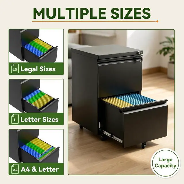 Alt view image 4 of 7 - 2 Drawer Rolling File Cabinet Fully Assembled, Black | 17"D x 15"W x 26"H, Metal Under Desk Storage, Filing Cabinet with Lock & Wheels, Fit Letter/Legal/A4, For Home Office