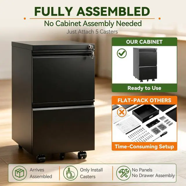 Alt view image 5 of 7 - 2 Drawer Rolling File Cabinet Fully Assembled, Black | 17"D x 15"W x 26"H, Metal Under Desk Storage, Filing Cabinet with Lock & Wheels, Fit Letter/Legal/A4, For Home Office
