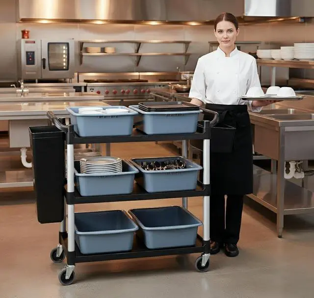 Alt view image 2 of 7 - Storage Cart 3 Tier Heavy Duty Commercial Grade Utility Cart,Dish Cart for Restaurant,Multi-Function Mobile Shelving Unit Organizer for Hotel,Restaurant,Kitchen,Laundry Room with 6 Basin 2 Barrels