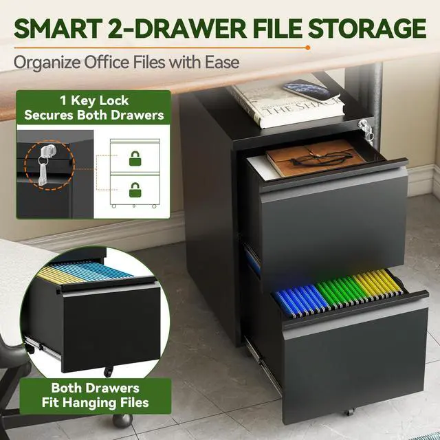 Alt view image 6 of 7 - 2 Drawer Rolling File Cabinet Fully Assembled, Black | 17"D x 15"W x 26"H, Metal Under Desk Storage, Filing Cabinet with Lock & Wheels, Fit Letter/Legal/A4, For Home Office