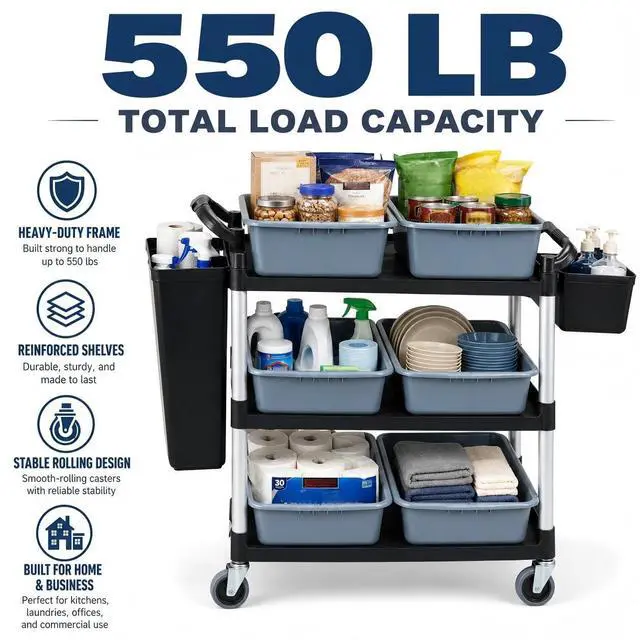 Alt view image 3 of 7 - Storage Cart 3 Tier Heavy Duty Commercial Grade Utility Cart,Dish Cart for Restaurant,Multi-Function Mobile Shelving Unit Organizer for Hotel,Restaurant,Kitchen,Laundry Room with 6 Basin 2 Barrels