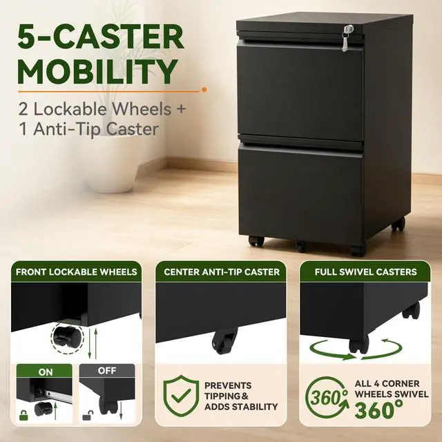 Alt view image 7 of 7 - 2 Drawer Rolling File Cabinet Fully Assembled, Black | 17"D x 15"W x 26"H, Metal Under Desk Storage, Filing Cabinet with Lock & Wheels, Fit Letter/Legal/A4, For Home Office