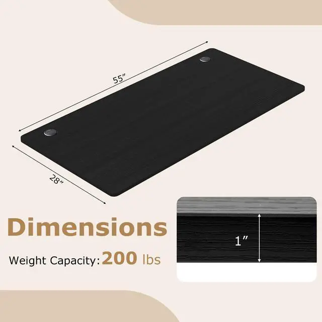 Alt view image 3 of 7 - Universal Wood Table Top, 55 x 28 inch Solid One-Piece Desk top for Standard & Sit to Stand Height Adjustable Home Office Desk Frame, Rectangular Countertop Tabletop with 2 Cable Holes, Black