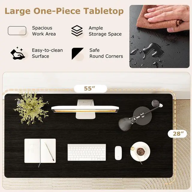 Alt view image 4 of 7 - Universal Wood Table Top, 55 x 28 inch Solid One-Piece Desk top for Standard & Sit to Stand Height Adjustable Home Office Desk Frame, Rectangular Countertop Tabletop with 2 Cable Holes, Black