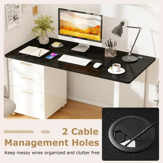 Alt view image 6 of 7 - Universal Wood Table Top, 55 x 28 inch Solid One-Piece Desk top for Standard & Sit to Stand Height Adjustable Home Office Desk Frame, Rectangular Countertop Tabletop with 2 Cable Holes, Black
