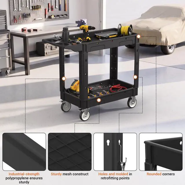 Alt view image 3 of 7 - Utility Rolling Storage Cart, 40 x 17 Inch, 1000 Lbs Capacity, Black | Tool Cart with 360° Swivel Wheels, 2 Shelf Work Cart with Sturdy Platform, for Warehouse, Grocery, Cleaning, Garage