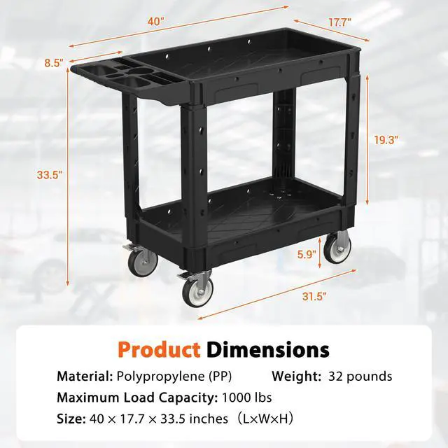 Alt view image 5 of 7 - Utility Rolling Storage Cart, 40 x 17 Inch, 1000 Lbs Capacity, Black | Tool Cart with 360° Swivel Wheels, 2 Shelf Work Cart with Sturdy Platform, for Warehouse, Grocery, Cleaning, Garage