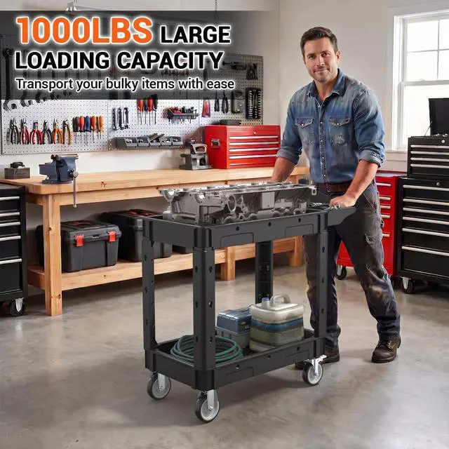 Alt view image 4 of 7 - Utility Rolling Storage Cart, 40 x 17 Inch, 1000 Lbs Capacity, Black | Tool Cart with 360° Swivel Wheels, 2 Shelf Work Cart with Sturdy Platform, for Warehouse, Grocery, Cleaning, Garage