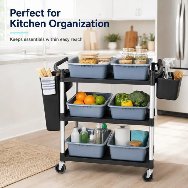 Alt view image 4 of 7 - Storage Cart 3 Tier Heavy Duty Commercial Grade Utility Cart,Dish Cart for Restaurant,Multi-Function Mobile Shelving Unit Organizer for Hotel,Restaurant,Kitchen,Laundry Room with 6 Basin 2 Barrels
