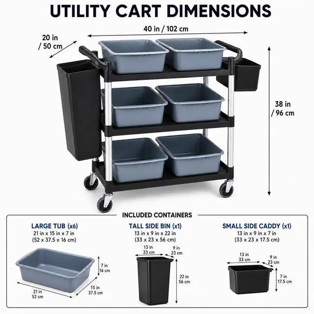 Alt view image 5 of 7 - Storage Cart 3 Tier Heavy Duty Commercial Grade Utility Cart,Dish Cart for Restaurant,Multi-Function Mobile Shelving Unit Organizer for Hotel,Restaurant,Kitchen,Laundry Room with 6 Basin 2 Barrels