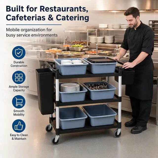 Alt view image 6 of 7 - Storage Cart 3 Tier Heavy Duty Commercial Grade Utility Cart,Dish Cart for Restaurant,Multi-Function Mobile Shelving Unit Organizer for Hotel,Restaurant,Kitchen,Laundry Room with 6 Basin 2 Barrels