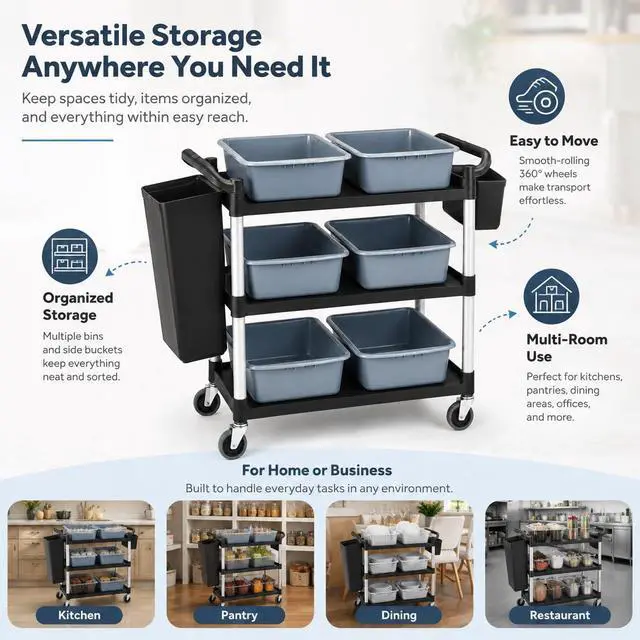 Alt view image 7 of 7 - Storage Cart 3 Tier Heavy Duty Commercial Grade Utility Cart,Dish Cart for Restaurant,Multi-Function Mobile Shelving Unit Organizer for Hotel,Restaurant,Kitchen,Laundry Room with 6 Basin 2 Barrels