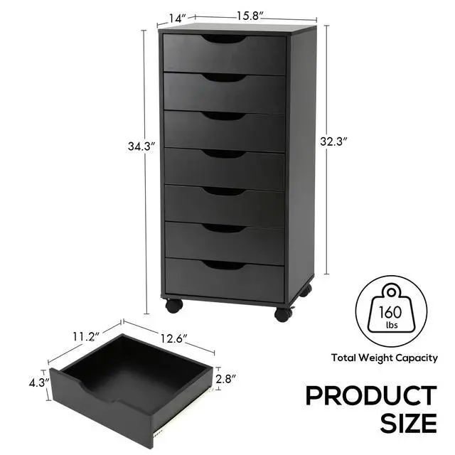 Alt view image 2 of 7 - 7 Drawer File Cabinet with Wheels, Mobile Wood Storage Cabinet for Home Office, Rolling Drawer Organizer for Office Supplies, Printer Stand, Black