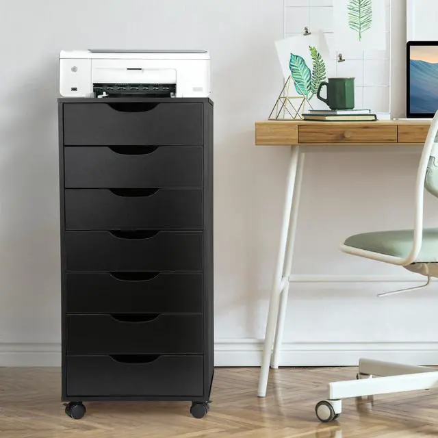 Alt view image 3 of 7 - 7 Drawer File Cabinet with Wheels, Mobile Wood Storage Cabinet for Home Office, Rolling Drawer Organizer for Office Supplies, Printer Stand, Black