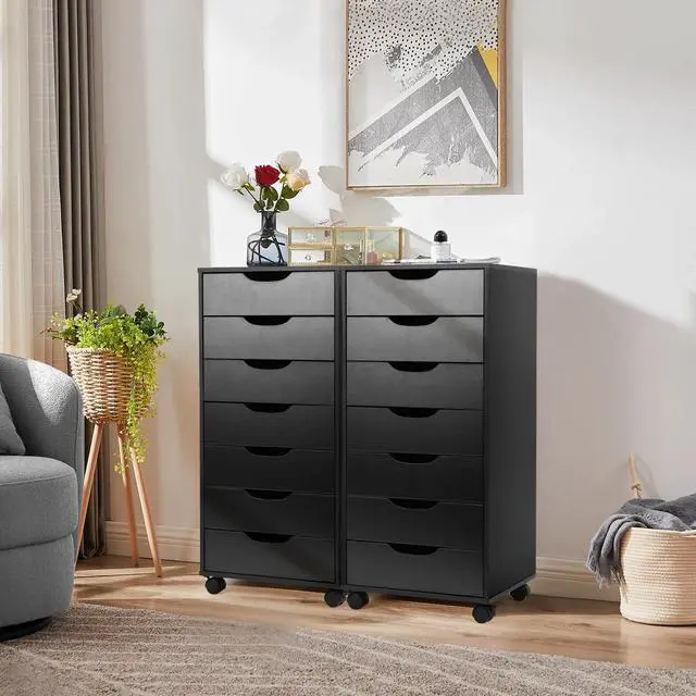 Alt view image 5 of 7 - 7 Drawer File Cabinet with Wheels, Mobile Wood Storage Cabinet for Home Office, Rolling Drawer Organizer for Office Supplies, Printer Stand, Black
