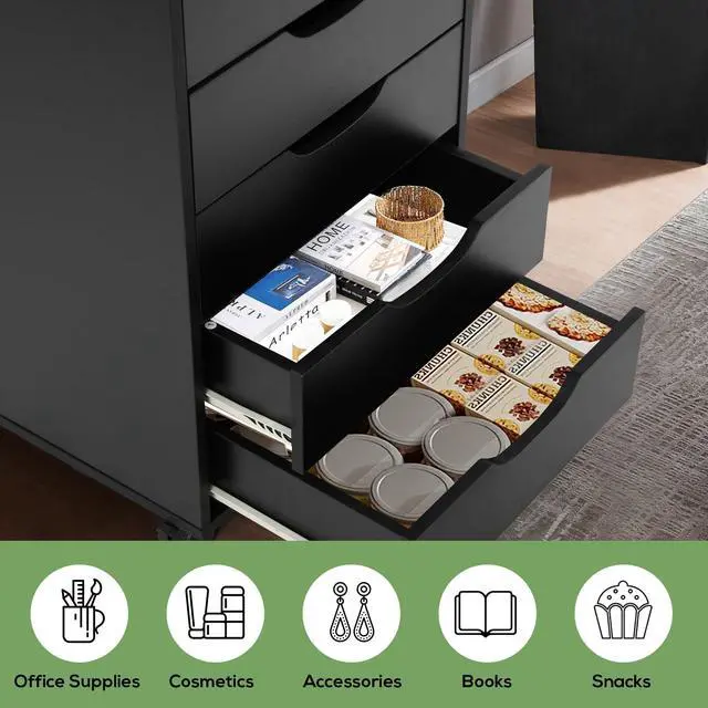 Alt view image 6 of 7 - 7 Drawer File Cabinet with Wheels, Mobile Wood Storage Cabinet for Home Office, Rolling Drawer Organizer for Office Supplies, Printer Stand, Black