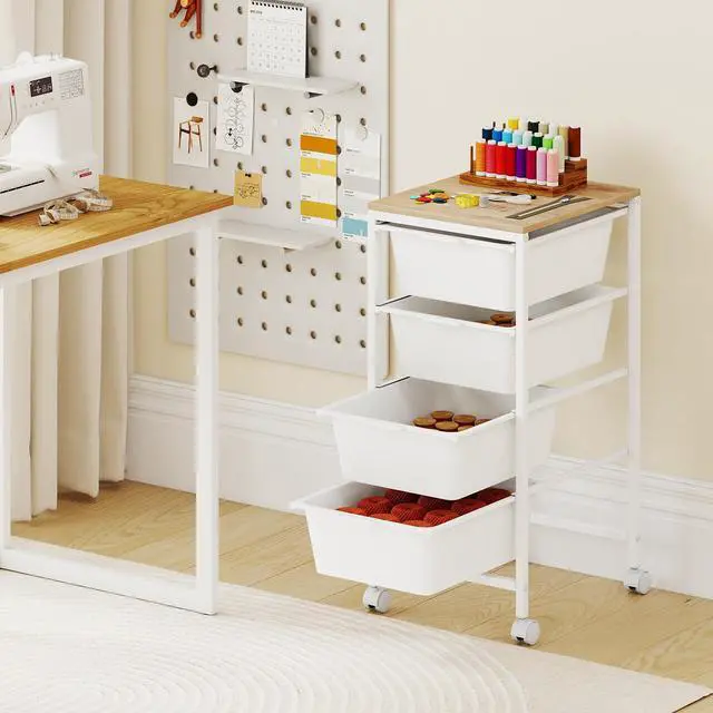 Alt view image 2 of 7 - 4-Drawer Rolling Storage Cart w/Lockable Wheels(White) | Utility Cart w/ Wood Top, Art Craft Organizer for Home, School, Paper Storage, Craft Room, Classroom, Office & Dorm Supplies