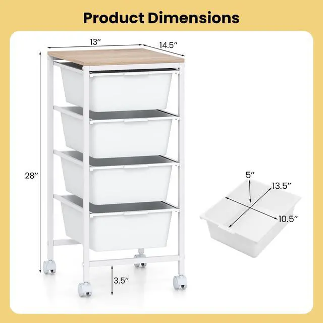 Alt view image 3 of 7 - 4-Drawer Rolling Storage Cart w/Lockable Wheels(White) | Utility Cart w/ Wood Top, Art Craft Organizer for Home, School, Paper Storage, Craft Room, Classroom, Office & Dorm Supplies