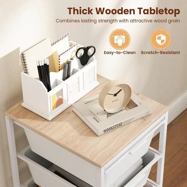 Alt view image 5 of 7 - 4-Drawer Rolling Storage Cart w/Lockable Wheels(White) | Utility Cart w/ Wood Top, Art Craft Organizer for Home, School, Paper Storage, Craft Room, Classroom, Office & Dorm Supplies
