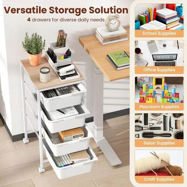 Alt view image 4 of 7 - 4-Drawer Rolling Storage Cart w/Lockable Wheels(White) | Utility Cart w/ Wood Top, Art Craft Organizer for Home, School, Paper Storage, Craft Room, Classroom, Office & Dorm Supplies