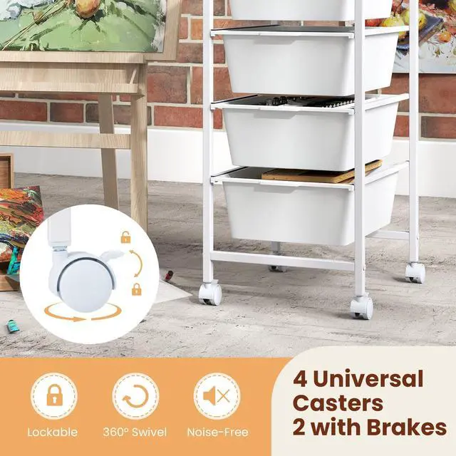 Alt view image 6 of 7 - 4-Drawer Rolling Storage Cart w/Lockable Wheels(White) | Utility Cart w/ Wood Top, Art Craft Organizer for Home, School, Paper Storage, Craft Room, Classroom, Office & Dorm Supplies