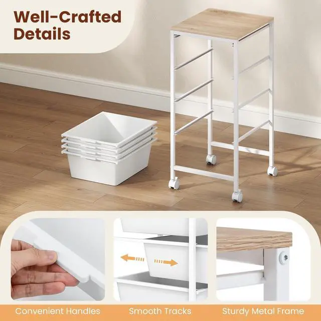 Alt view image 7 of 7 - 4-Drawer Rolling Storage Cart w/Lockable Wheels(White) | Utility Cart w/ Wood Top, Art Craft Organizer for Home, School, Paper Storage, Craft Room, Classroom, Office & Dorm Supplies