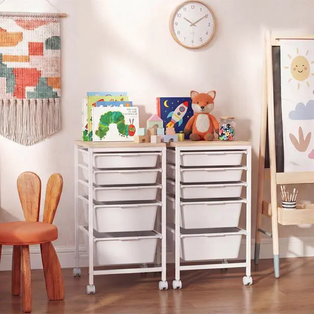 Alt view image 2 of 7 - 5-Drawer Rolling Storage Cart w/Lockable Wheels(White) | Utility Cart w/ Wood Top, Art Craft Organizer for Home, School, Paper Storage, Craft Room, Classroom, Office & Dorm Supplies
