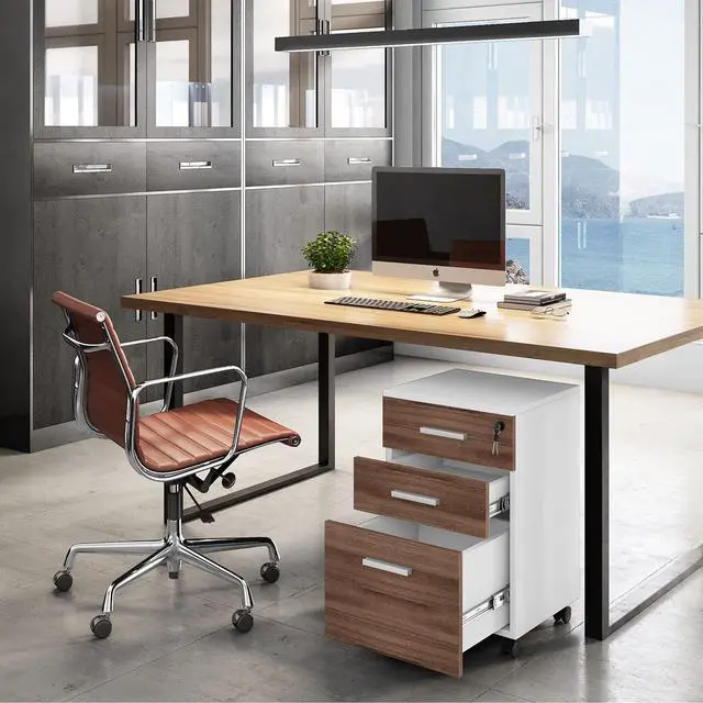 Alt view image 3 of 7 - Crafts and Comfort Lazio File Cabinet, Walnut and White | Modern Design, 3 Drawer Rolling, Locking with Lock, For Home Office, Under Desk