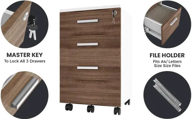 Alt view image 5 of 7 - Crafts and Comfort Lazio File Cabinet, Walnut and White | Modern Design, 3 Drawer Rolling, Locking with Lock, For Home Office, Under Desk