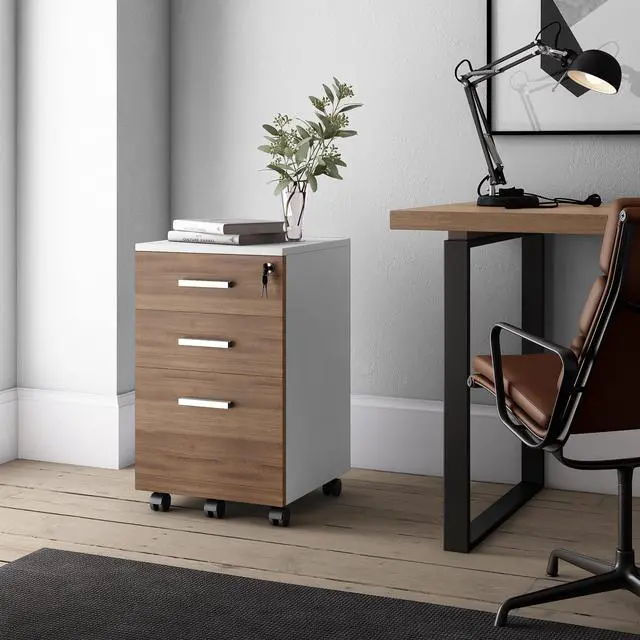 Alt view image 4 of 7 - Crafts and Comfort Lazio File Cabinet, Walnut and White | Modern Design, 3 Drawer Rolling, Locking with Lock, For Home Office, Under Desk