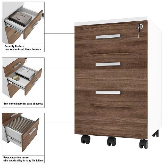 Alt view image 6 of 7 - Crafts and Comfort Lazio File Cabinet, Walnut and White | Modern Design, 3 Drawer Rolling, Locking with Lock, For Home Office, Under Desk