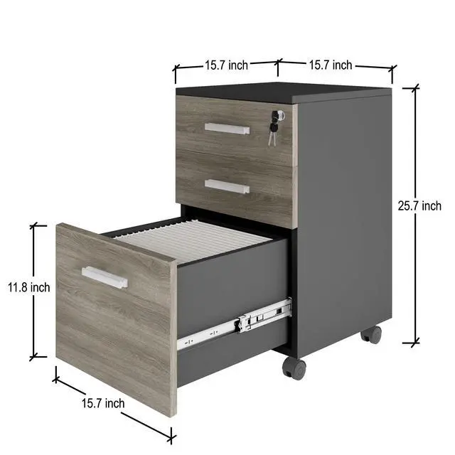 Alt view image 2 of 6 - Modern Design Lazio File Cabinet, Filing Cabinets for Home Office, Drawers for Under Desk, Locking 3 Drawer Rolling Wood Filing Cabinet with Lock, Black and Grey, by Crafts and Comfort