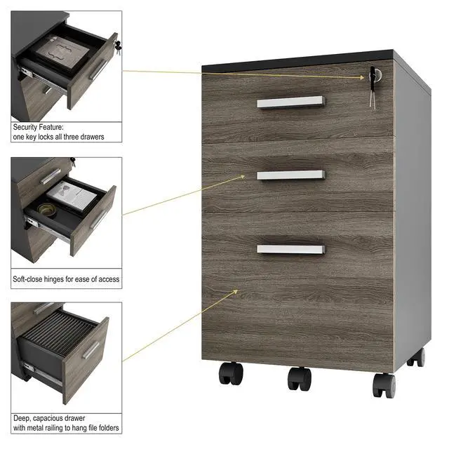 Alt view image 5 of 6 - Modern Design Lazio File Cabinet, Filing Cabinets for Home Office, Drawers for Under Desk, Locking 3 Drawer Rolling Wood Filing Cabinet with Lock, Black and Grey, by Crafts and Comfort