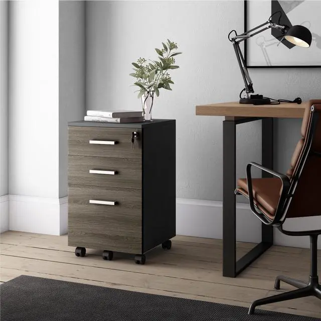 Alt view image 4 of 6 - Modern Design Lazio File Cabinet, Filing Cabinets for Home Office, Drawers for Under Desk, Locking 3 Drawer Rolling Wood Filing Cabinet with Lock, Black and Grey, by Crafts and Comfort