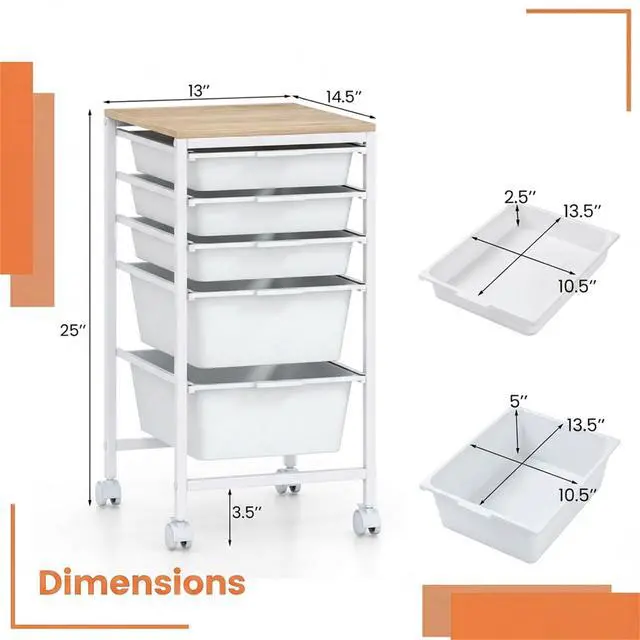 Alt view image 3 of 7 - 5-Drawer Rolling Storage Cart w/Lockable Wheels(White) | Utility Cart w/ Wood Top, Art Craft Organizer for Home, School, Paper Storage, Craft Room, Classroom, Office & Dorm Supplies