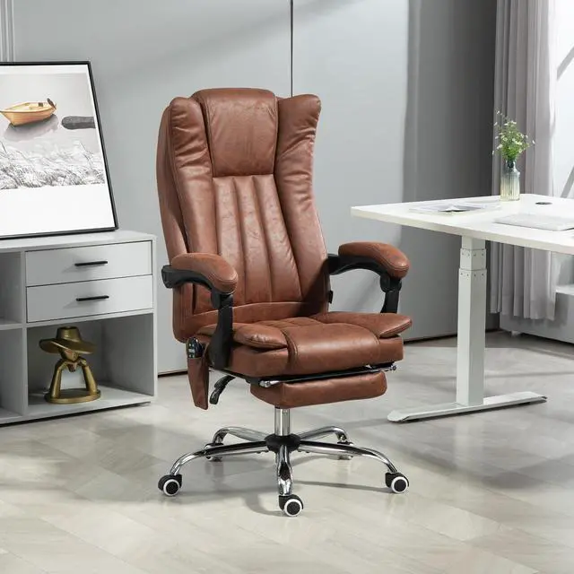 Alt view image 2 of 6 - 6 Point Vibration Massage Office Chair, High Back, Brown | Computer Chair with Heat, Adjustable Height, Reclining Backrest, Retractable Footrest