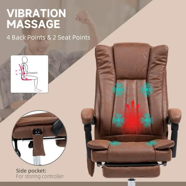 Alt view image 6 of 6 - 6 Point Vibration Massage Office Chair, High Back, Brown | Computer Chair with Heat, Adjustable Height, Reclining Backrest, Retractable Footrest