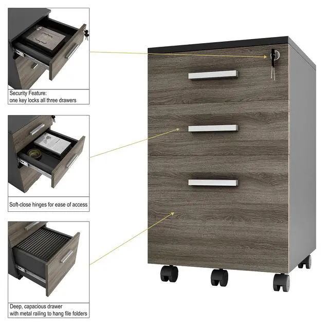 Alt view image 6 of 6 - Modern Design Lazio File Cabinet, Filing Cabinets for Home Office, Drawers for Under Desk, Locking 3 Drawer Rolling Wood Filing Cabinet with Lock, Black and Grey, by Crafts and Comfort