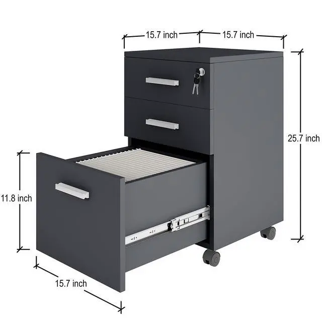 Alt view image 2 of 6 - Lazio Black File Cabinet, Filing Cabinets for Home Office, Drawers for Under Desk, Locking 3 Drawer Rolling Wood File Cabinet with Lock, by Crafts and Comfort
