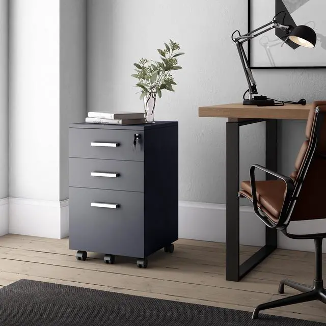 Alt view image 4 of 6 - Lazio Black File Cabinet, Filing Cabinets for Home Office, Drawers for Under Desk, Locking 3 Drawer Rolling Wood File Cabinet with Lock, by Crafts and Comfort