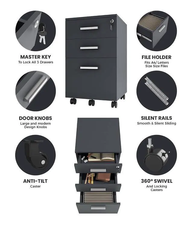 Alt view image 5 of 6 - Lazio Black File Cabinet, Filing Cabinets for Home Office, Drawers for Under Desk, Locking 3 Drawer Rolling Wood File Cabinet with Lock, by Crafts and Comfort