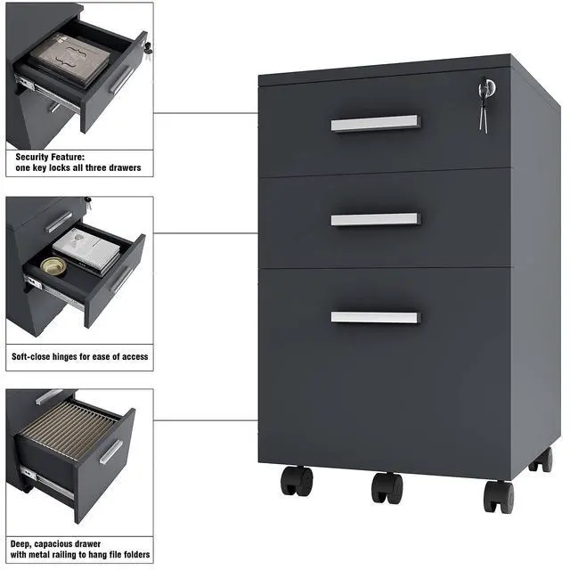 Alt view image 6 of 6 - Lazio Black File Cabinet, Filing Cabinets for Home Office, Drawers for Under Desk, Locking 3 Drawer Rolling Wood File Cabinet with Lock, by Crafts and Comfort