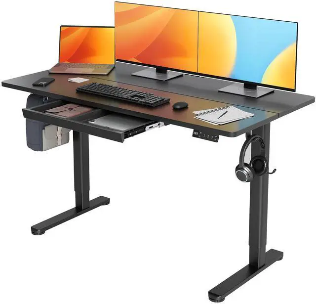 Main image of Electric Standing Desk 55x24 Inch with Drawer Black | Sturdy Steel Frame, 176 Lbs Capacity, 28.35-46.46 Inch Height Adjustable, 3 Preset Buttons, 45 dB Quiet Motor, 2 Hooks
